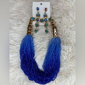 Blue Multi strand Beaded Necklace with Iridescent Crystal Earrings